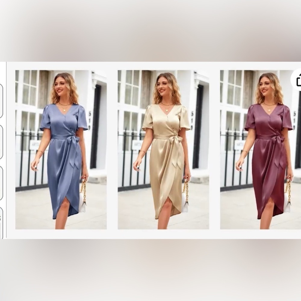 Satin Belted Ruched Slit Midi Dress - Picture 5 of 17